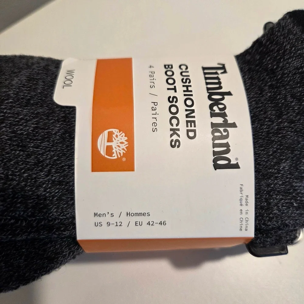 Timberland Mens Cushioned Boot Socks 4 Pairs Wool Blend  Black Size 9-12 NEW